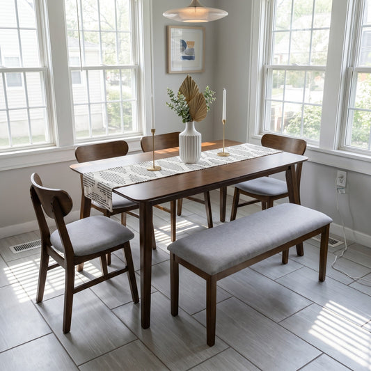 Ashley Decor| Home Design Easton Dining Set (Set of 6), Rectangular Table, Upholstered Chairs and Bench, Comfortable Gray Linen Upholstered Seat