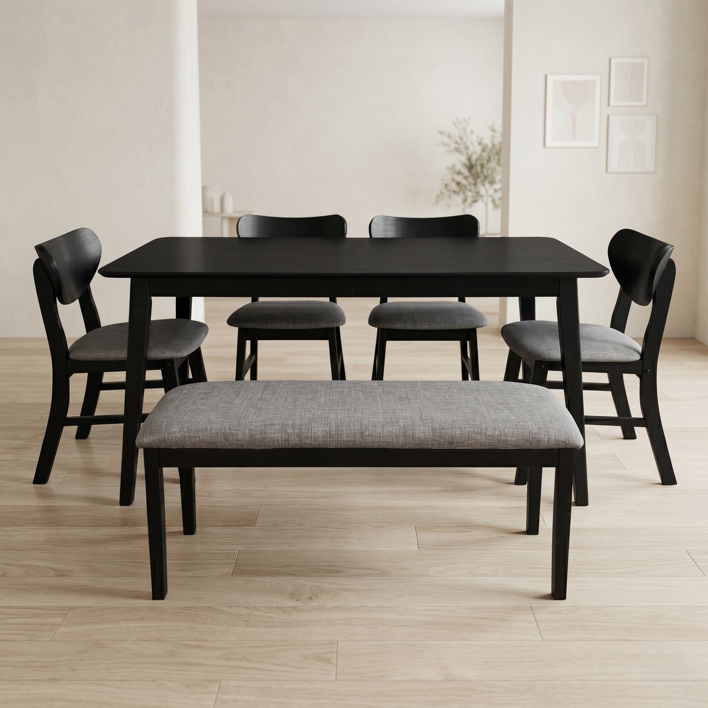 Ashley Decor| Home Design Easton Dining Set (Set of 6), Rectangular Table, Upholstered Chairs and Bench, Comfortable Gray Linen Upholstered Seat
