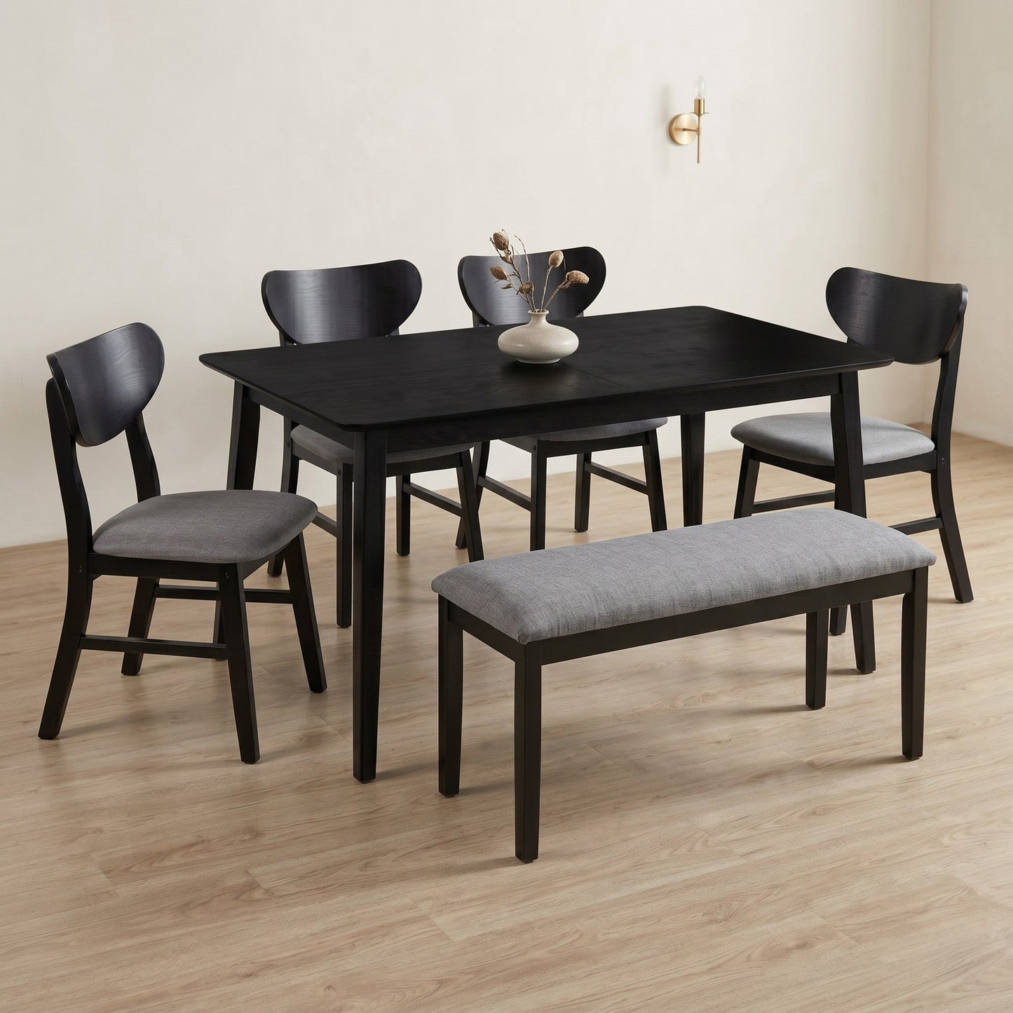 Ashley Decor| Home Design Easton Dining Set (Set of 6), Rectangular Table, Upholstered Chairs and Bench, Comfortable Gray Linen Upholstered Seat