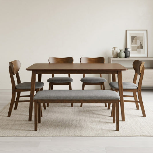Ashley Decor| Home Design Easton Dining Set (Set of 6), Rectangular Table, Upholstered Chairs and Bench, Comfortable Gray Linen Upholstered Seat