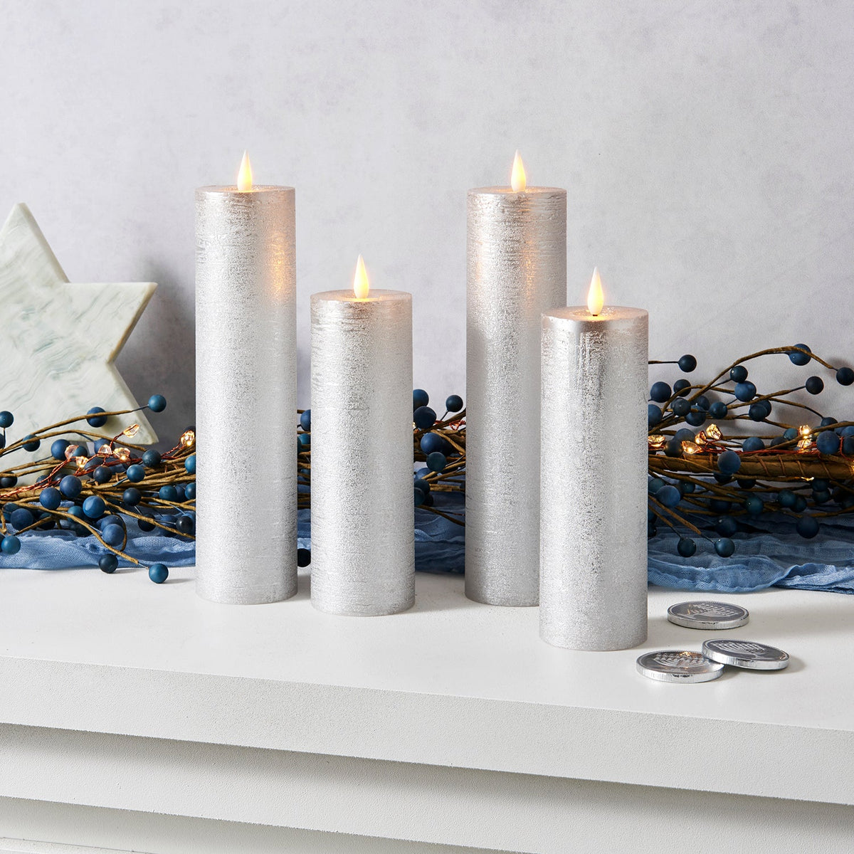 Infinity Wick Silver Distressed Slim Pillar Candles, Set of 4